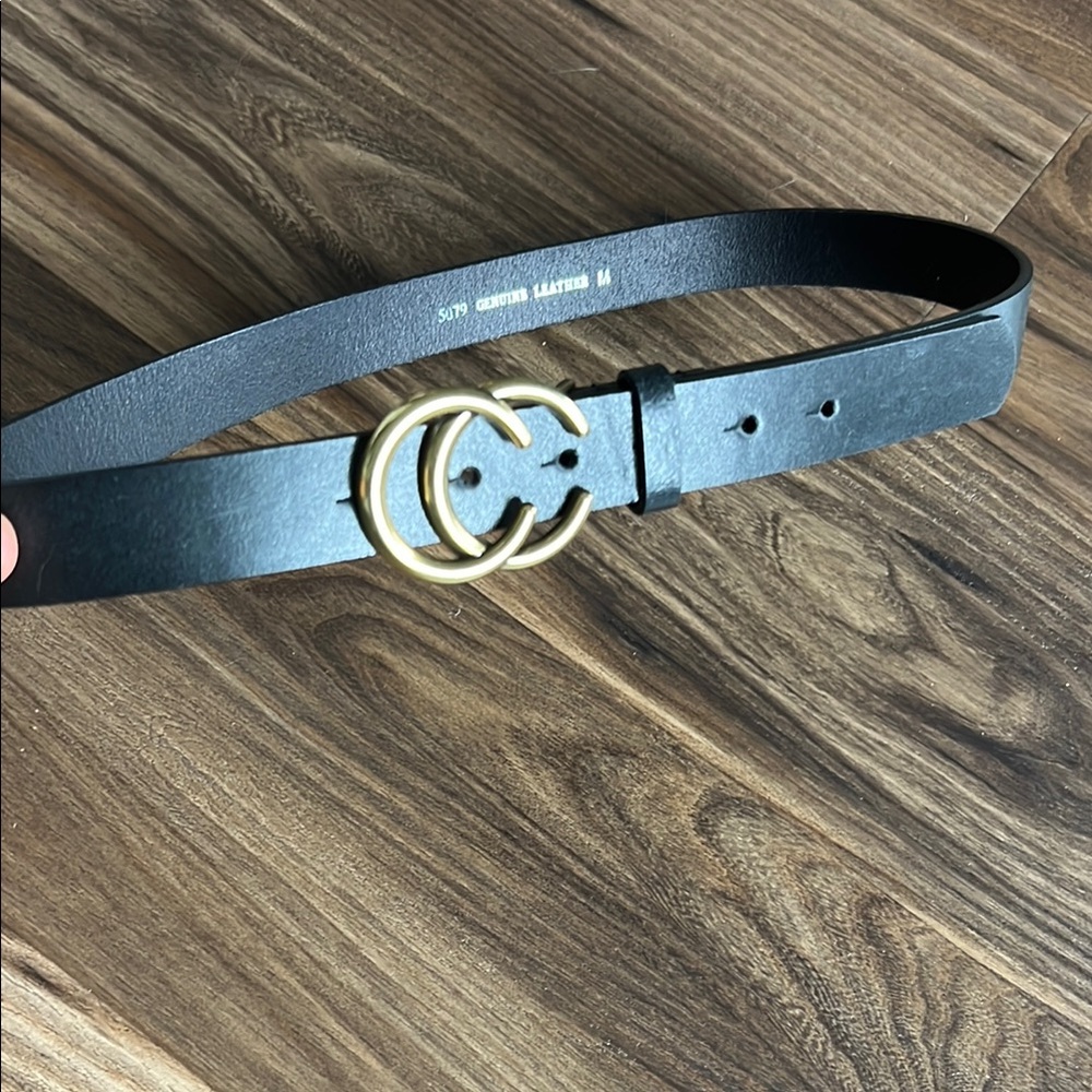 Black Leather Belt with Gold Buckle